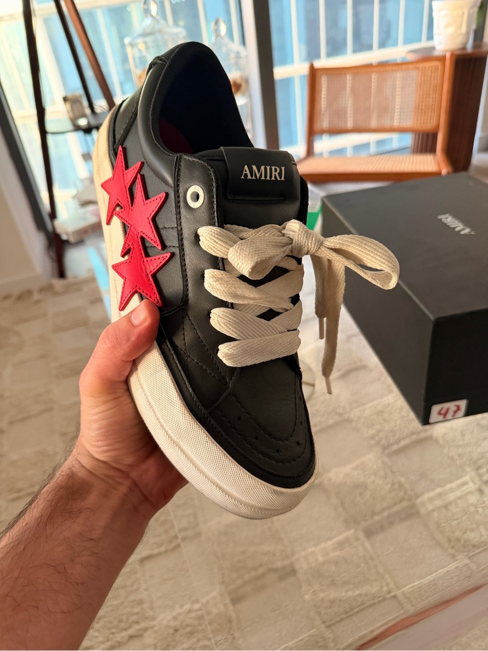 AMIRI Black Leather Sneakers with Pink Star Details